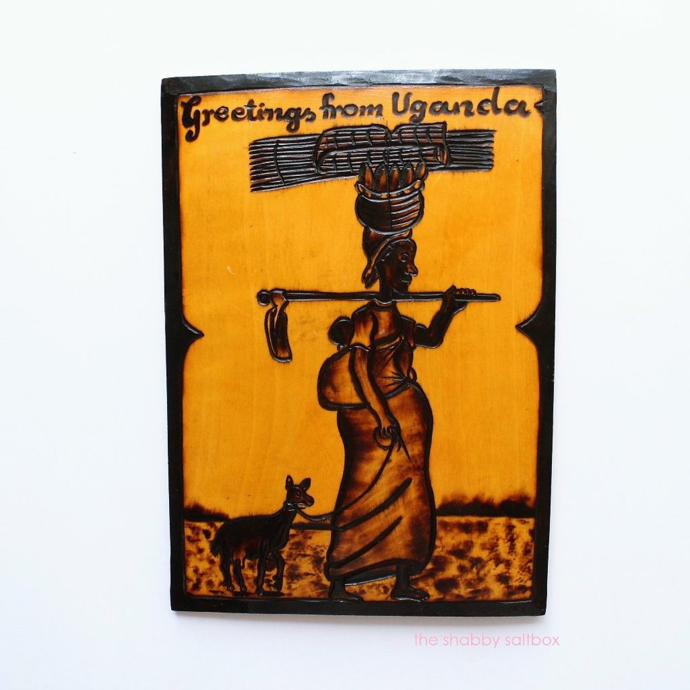 Uganda Decor Folk Art Handmade Wood Burning Ethnic Greetings Home Travel Decor